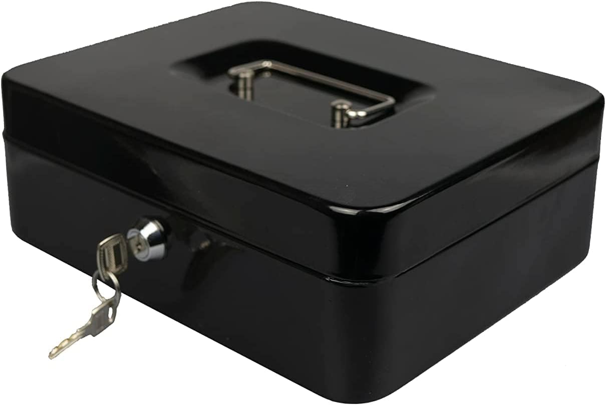 Steel Petty Cash Box with 2 Keys and Removable Change Tray - Black 10"
