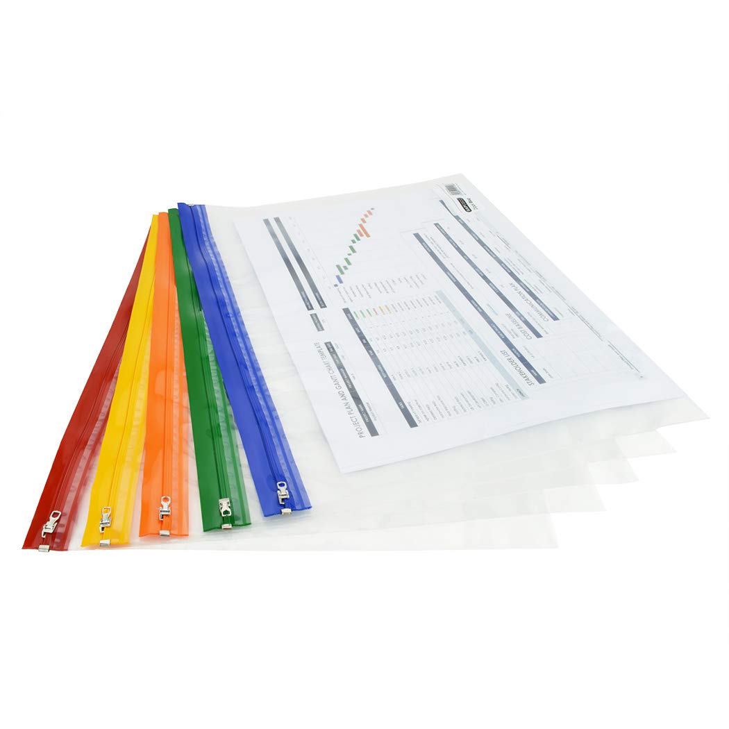 Rapesco 1503 Zippi File A4+, Transparent with Assorted Strips, Pack of 5