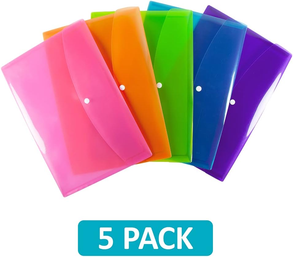 SUMMIT A4+ Heavy Duty Plastic Popper Wallets, 5 Assorted Colours
