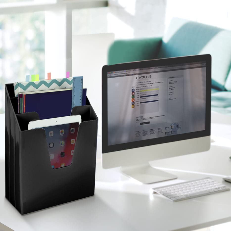 Vertical Triple File Folder Organizer - Black Plastic File Sorter-CentralDepot247