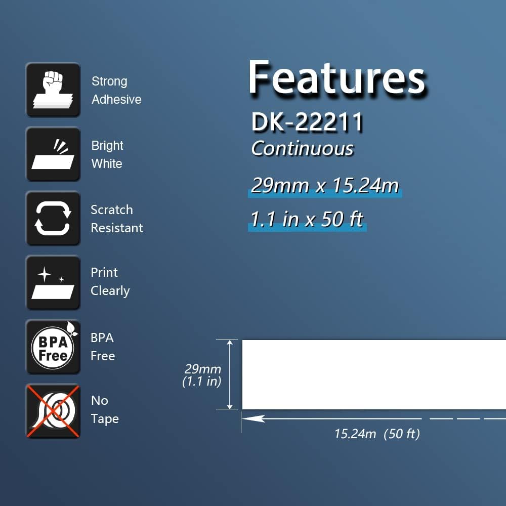 10 Rolls DK-22211 Labels with 2 Reusable Holders - 29mm x 15.24m