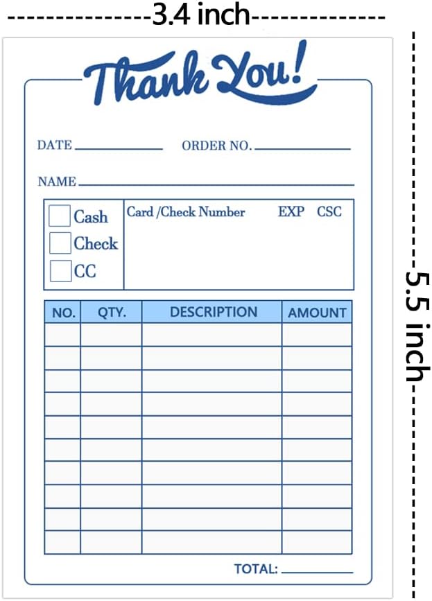 Thank You Receipt Book - Carbonless Invoice Pad, 3.4x5.5 Inch, 50 Sets