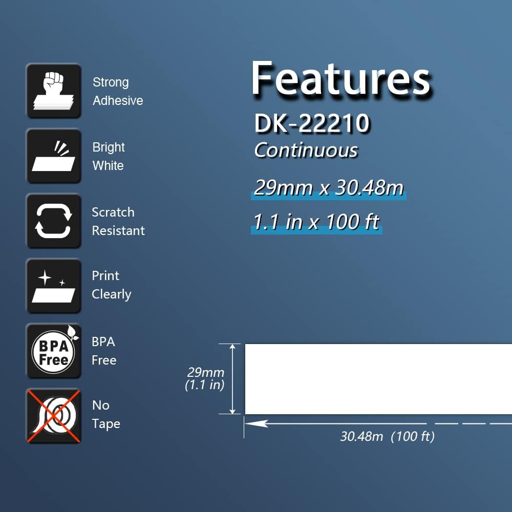 10 Rolls DK-22210 Labels with 2 Reusable Holders - 29mm x 30.48m