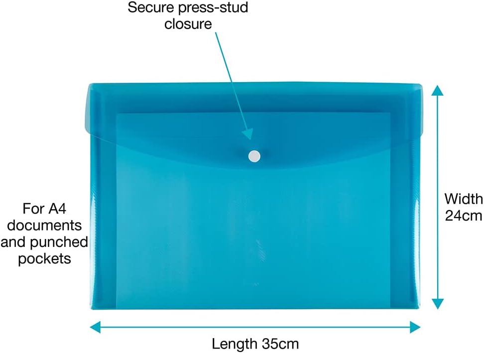 SUMMIT A4+ Heavy Duty Plastic Popper Wallets, 5 Assorted Colours