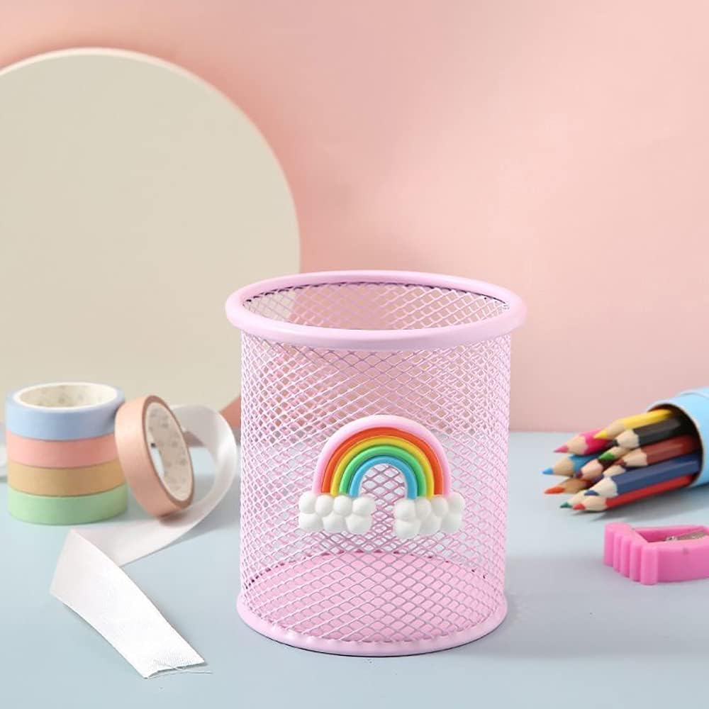 Round Rainbow Pattern Metal Mesh Pen Holder - 2 Pack Pink-CentralDepot247