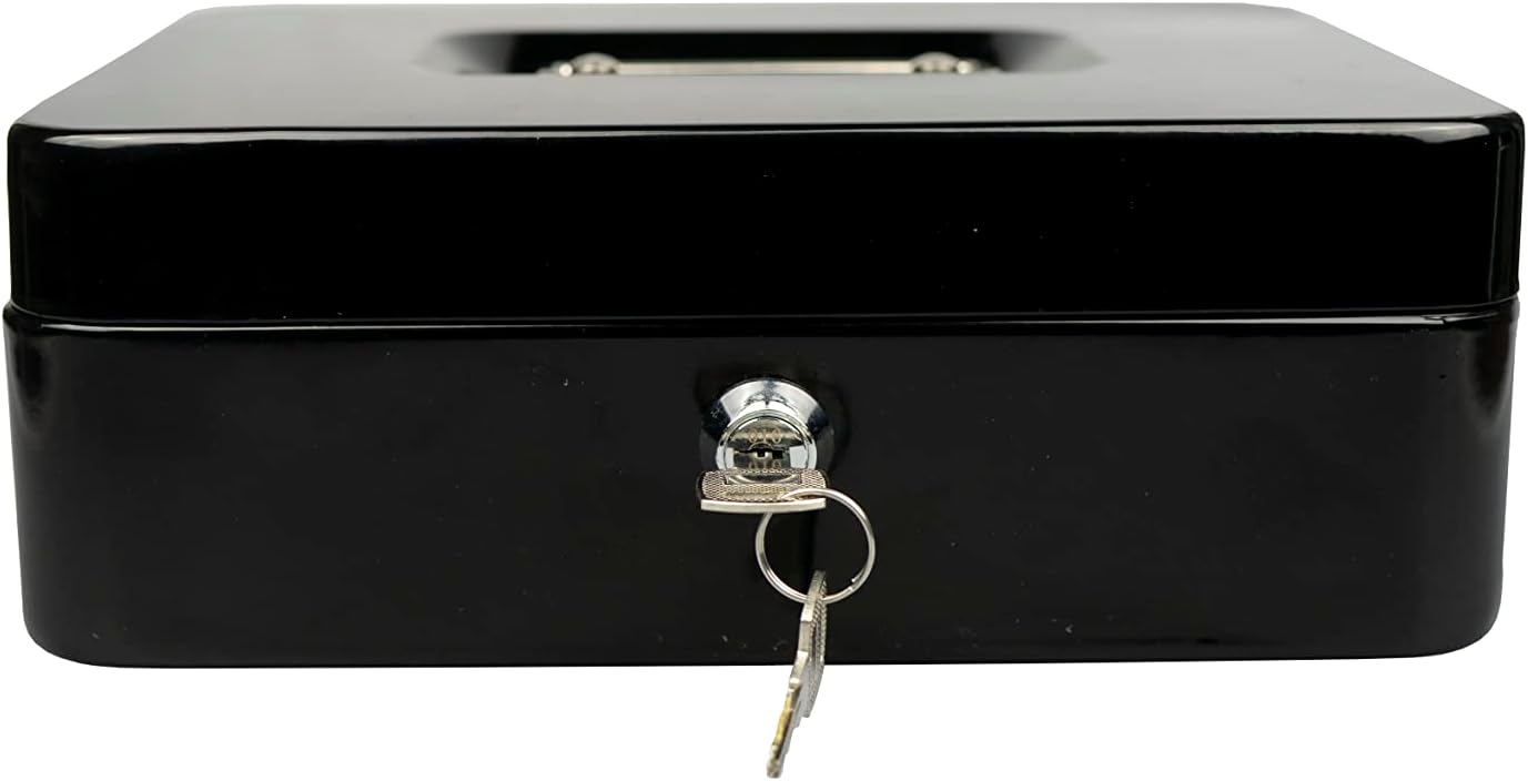 Steel Petty Cash Box with 2 Keys and Removable Change Tray - Black 10"