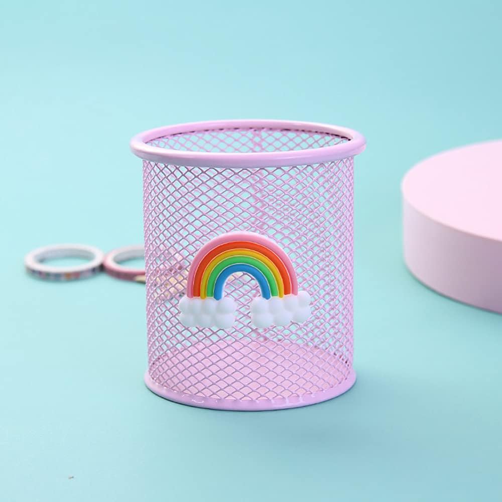 Round Rainbow Pattern Metal Mesh Pen Holder - 2 Pack Pink-CentralDepot247