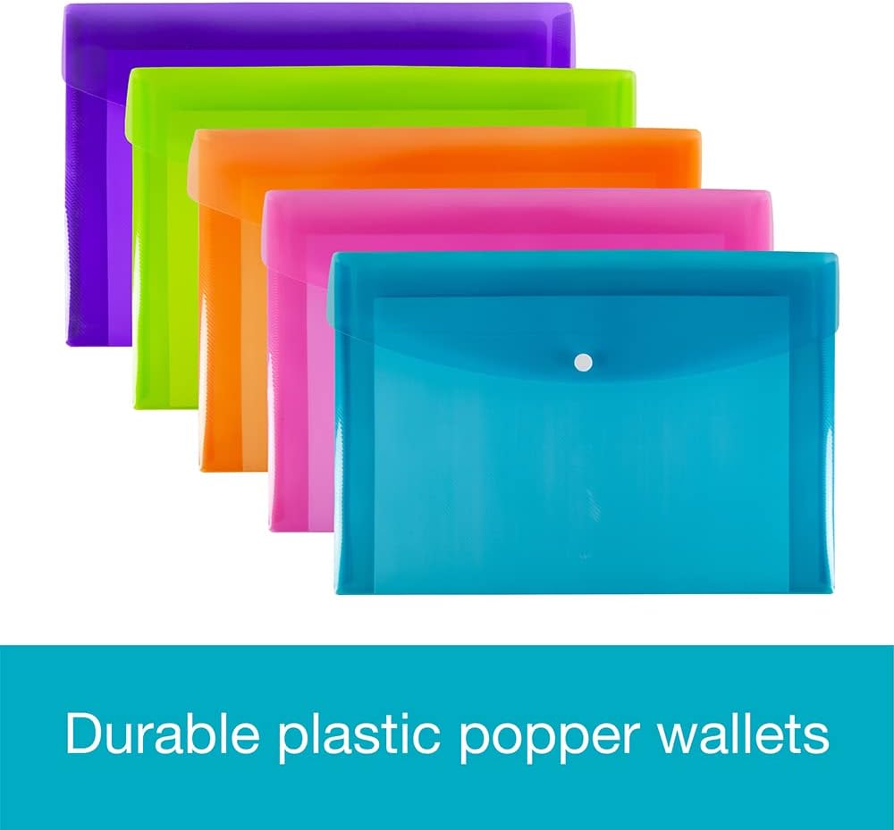 SUMMIT A4+ Heavy Duty Plastic Popper Wallets, 5 Assorted Colours