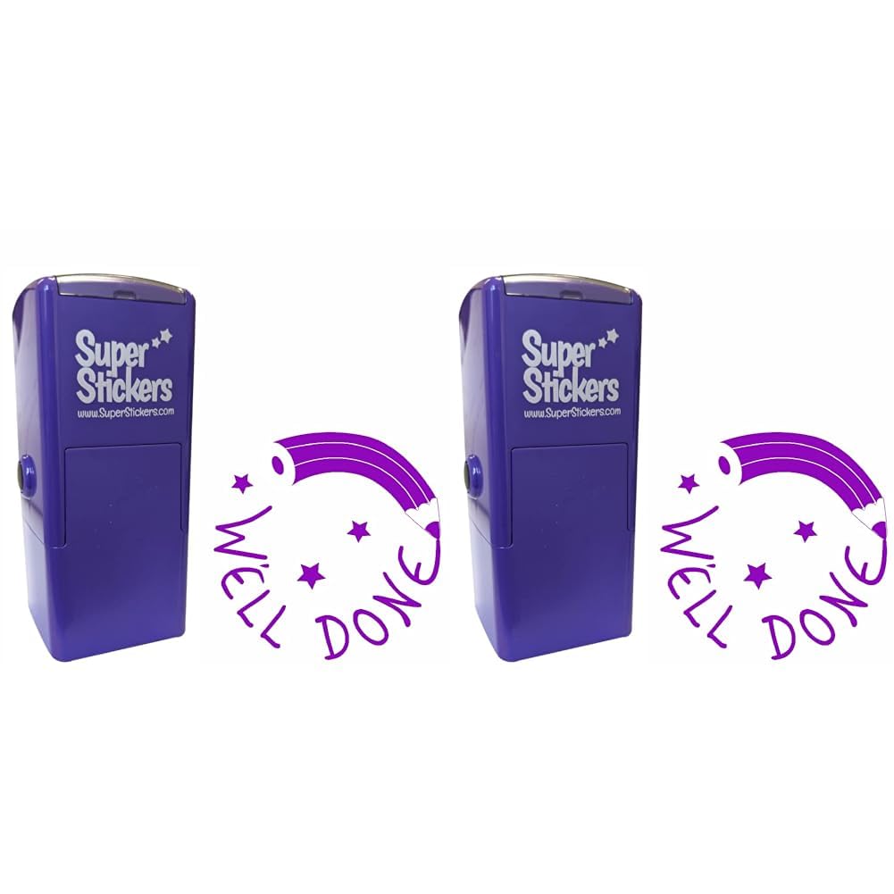 Teacher Stamp - Well Done Pencil Design, Violet Ink, 23x23 mm