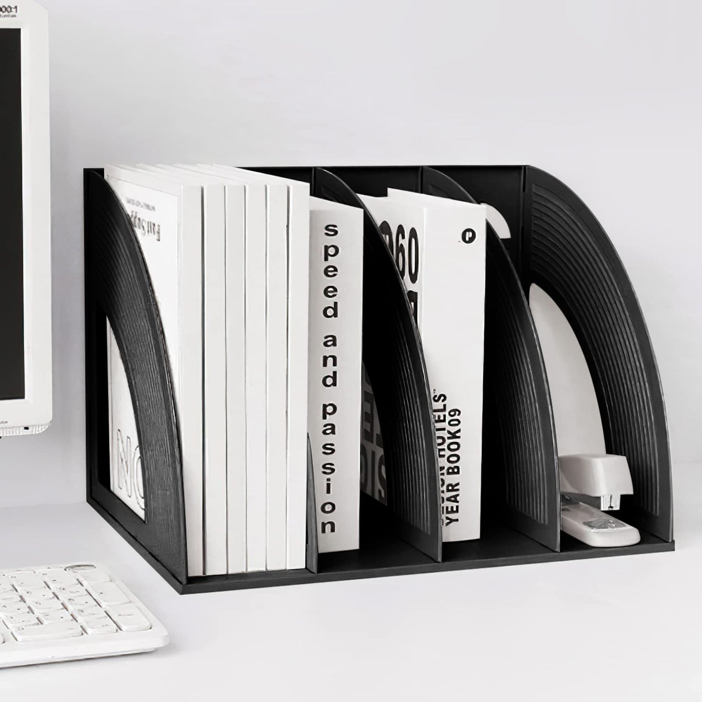 Sturdy 4-Section Desktop File Organizer - Black Plastic Holder-CentralDepot247