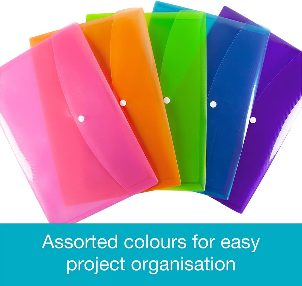 SUMMIT A4+ Heavy Duty Plastic Popper Wallets, 5 Assorted Colours
