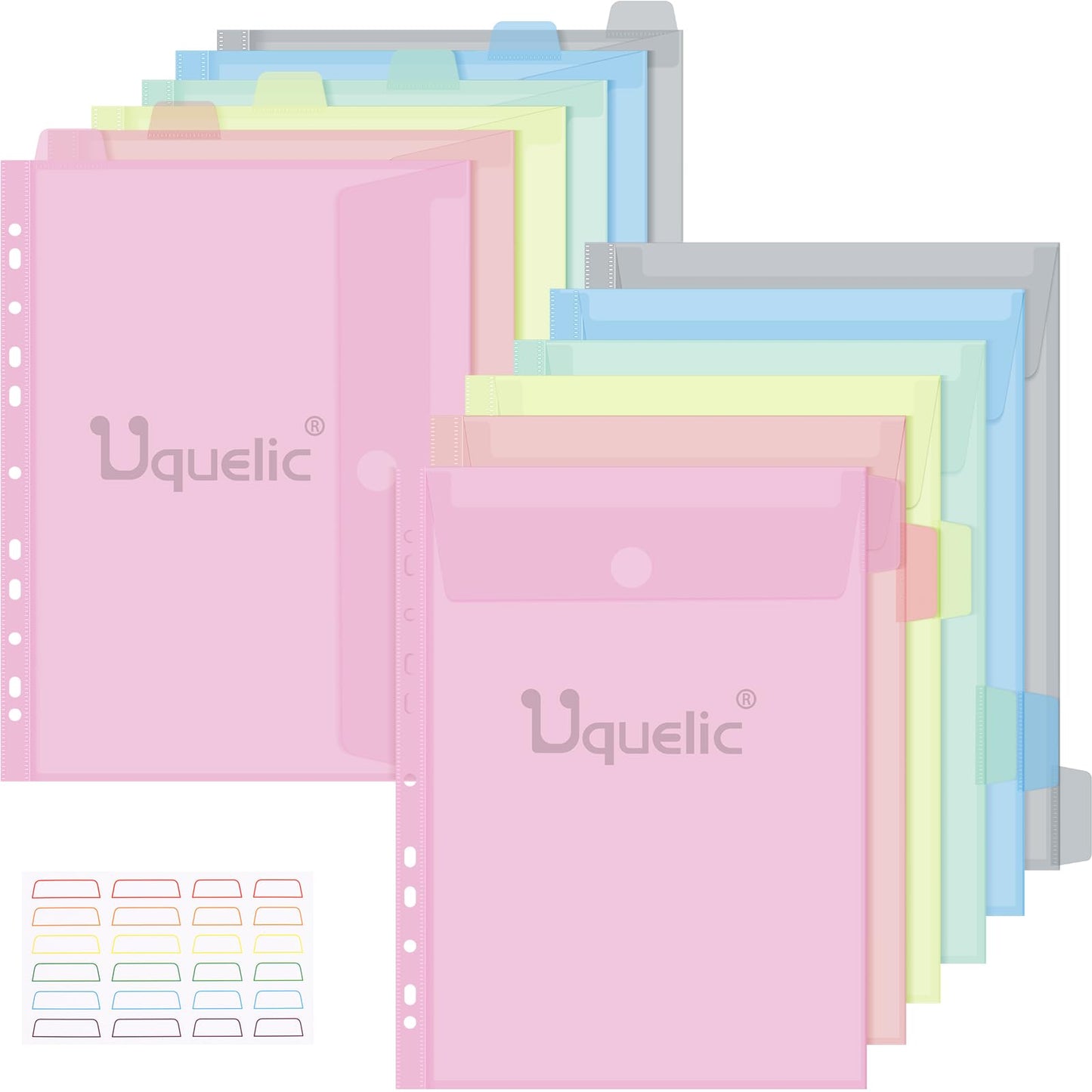 Uquelic 12 Pack A4 Plastic Wallets - Macaron Color Document Sleeves