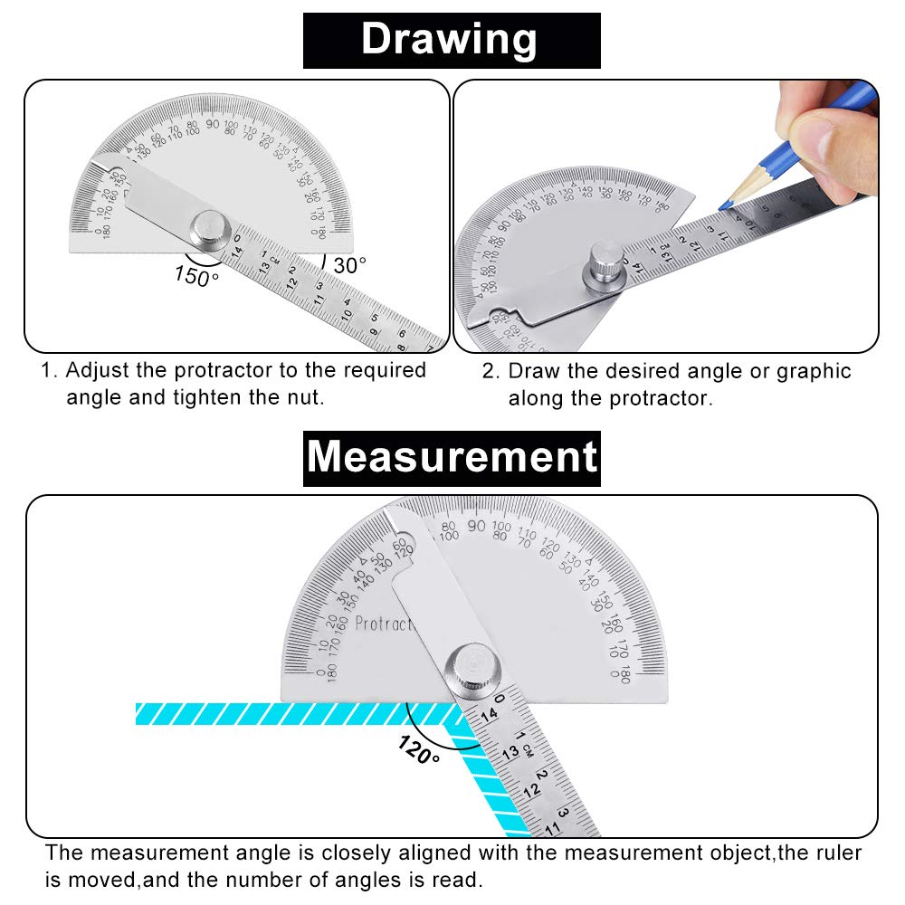Stainless Steel 180 Degree Protractor with 140mm Measuring Ruler