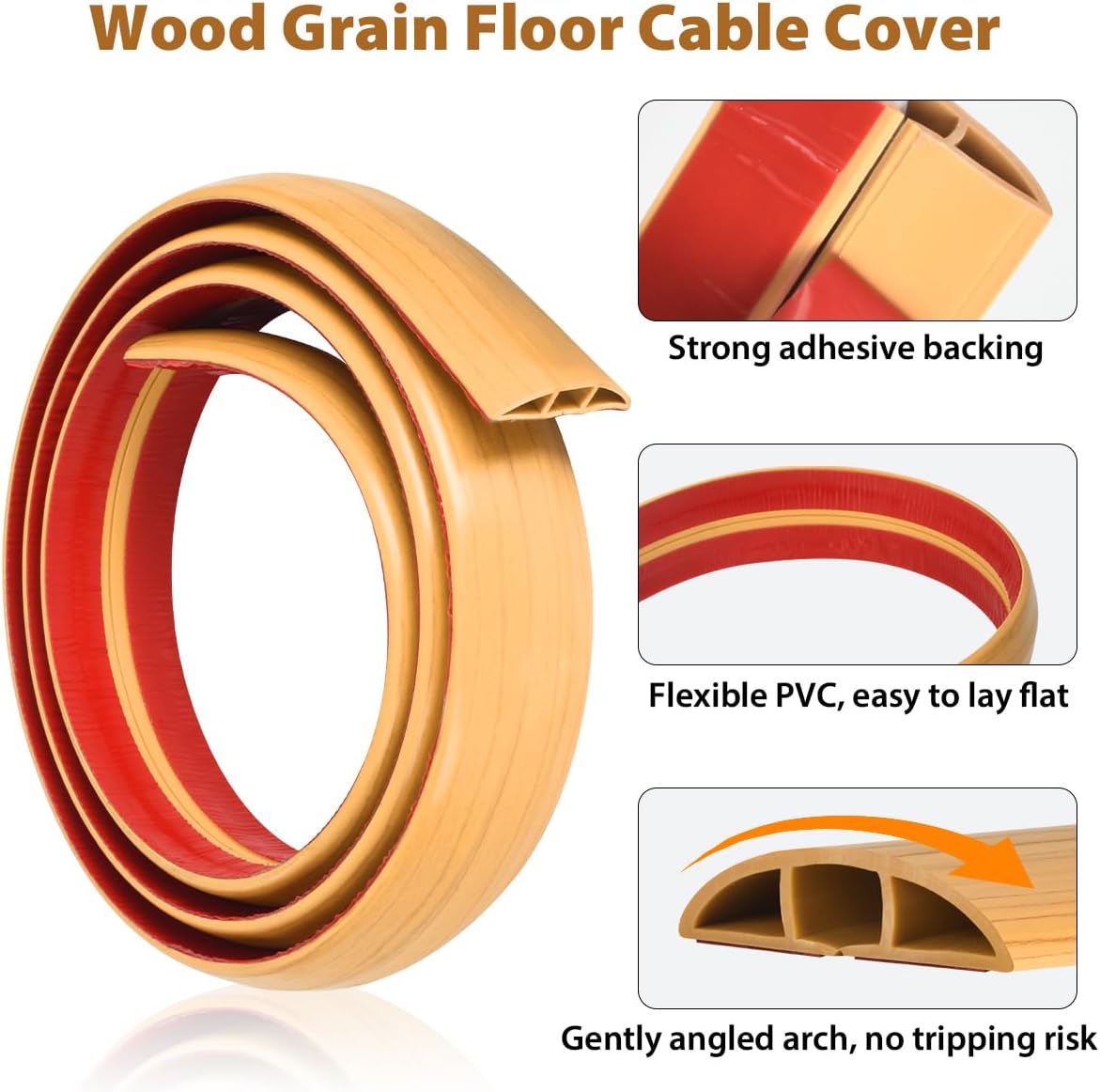 Wood Grain Floor Cable Cover - 2 Meters Self-Adhesive Rubber Protector-CentralDepot247