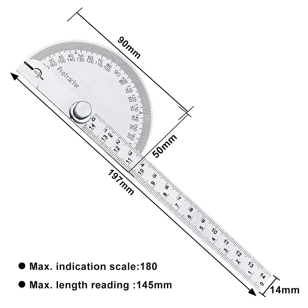 Stainless Steel 180 Degree Protractor with 140mm Measuring Ruler