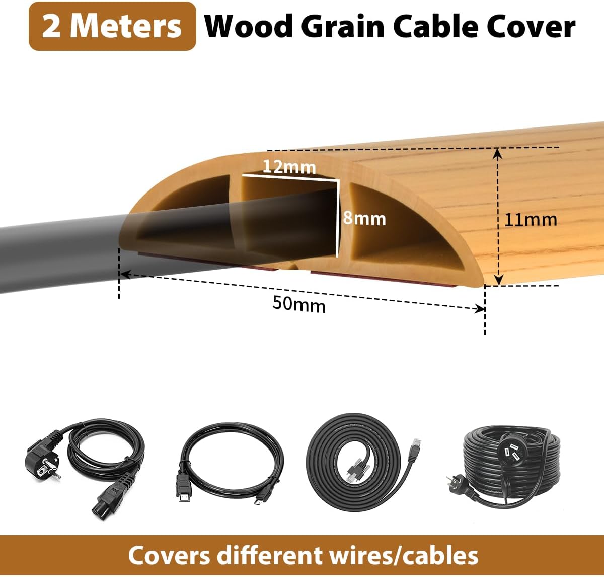 Wood Grain Floor Cable Cover - 2 Meters Self-Adhesive Rubber Protector-CentralDepot247