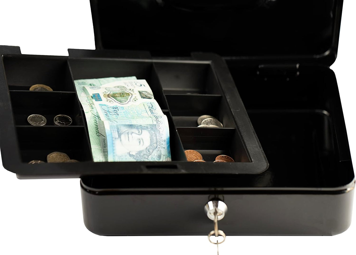 Steel Petty Cash Box with 2 Keys and Removable Change Tray - Black 10"