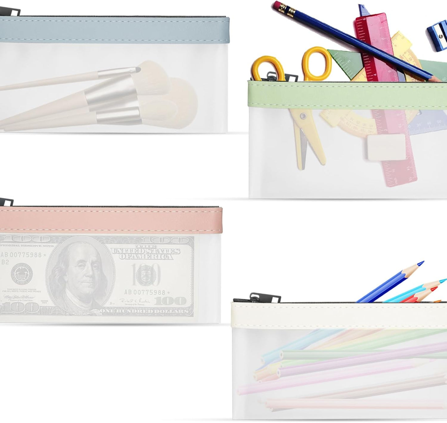4Pcs Zipper Money Bags - Clear Cash Organizer in 4 Colors
