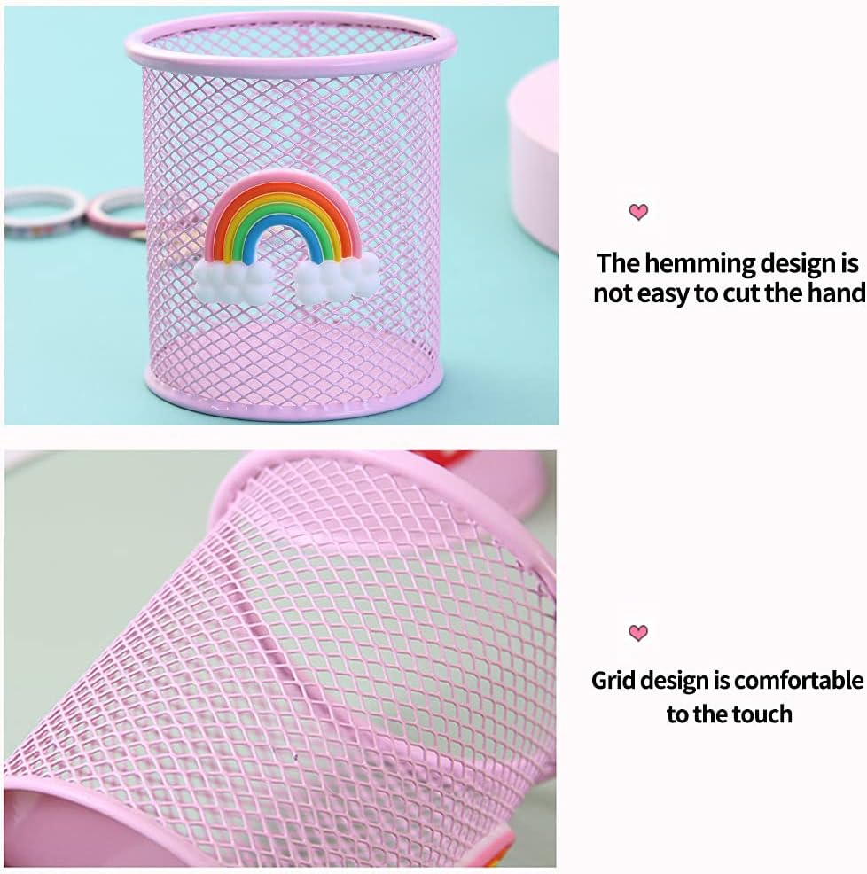 Round Rainbow Pattern Metal Mesh Pen Holder - 2 Pack Pink-CentralDepot247