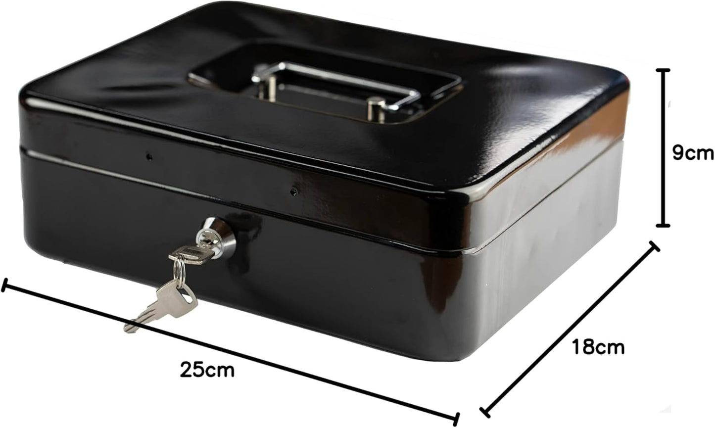 Steel Petty Cash Box with 2 Keys and Removable Change Tray - Black 10"