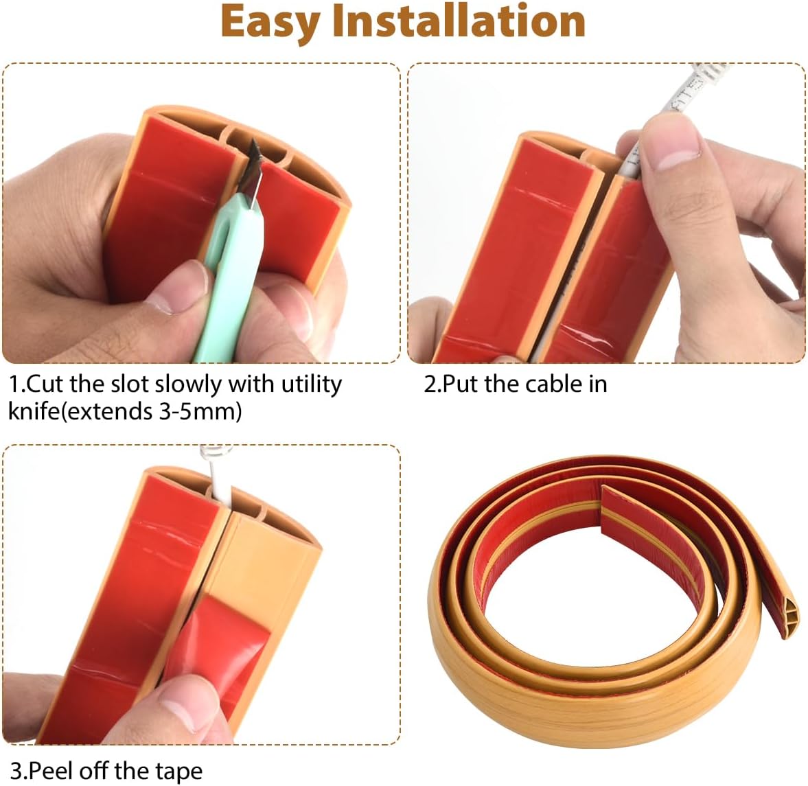 Wood Grain Floor Cable Cover - 2 Meters Self-Adhesive Rubber Protector-CentralDepot247