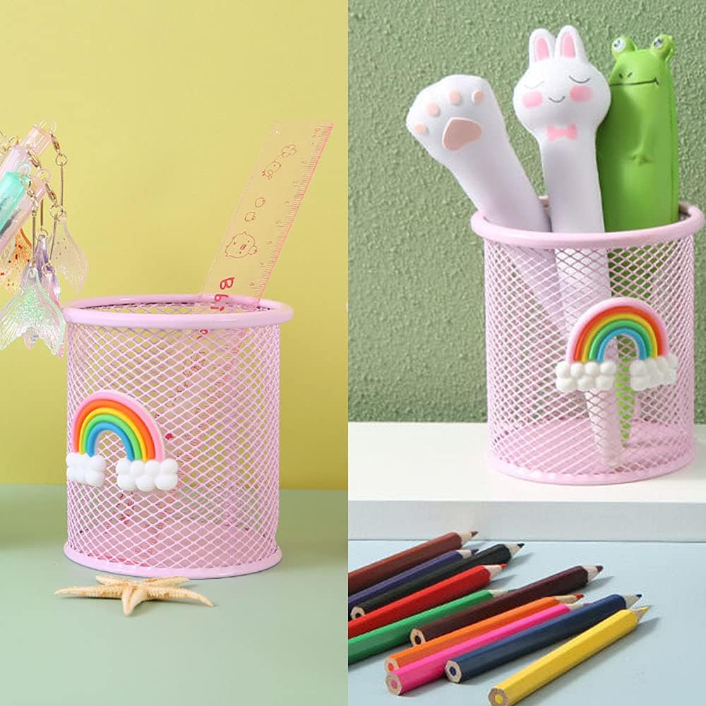 Round Rainbow Pattern Metal Mesh Pen Holder - 2 Pack Pink-CentralDepot247