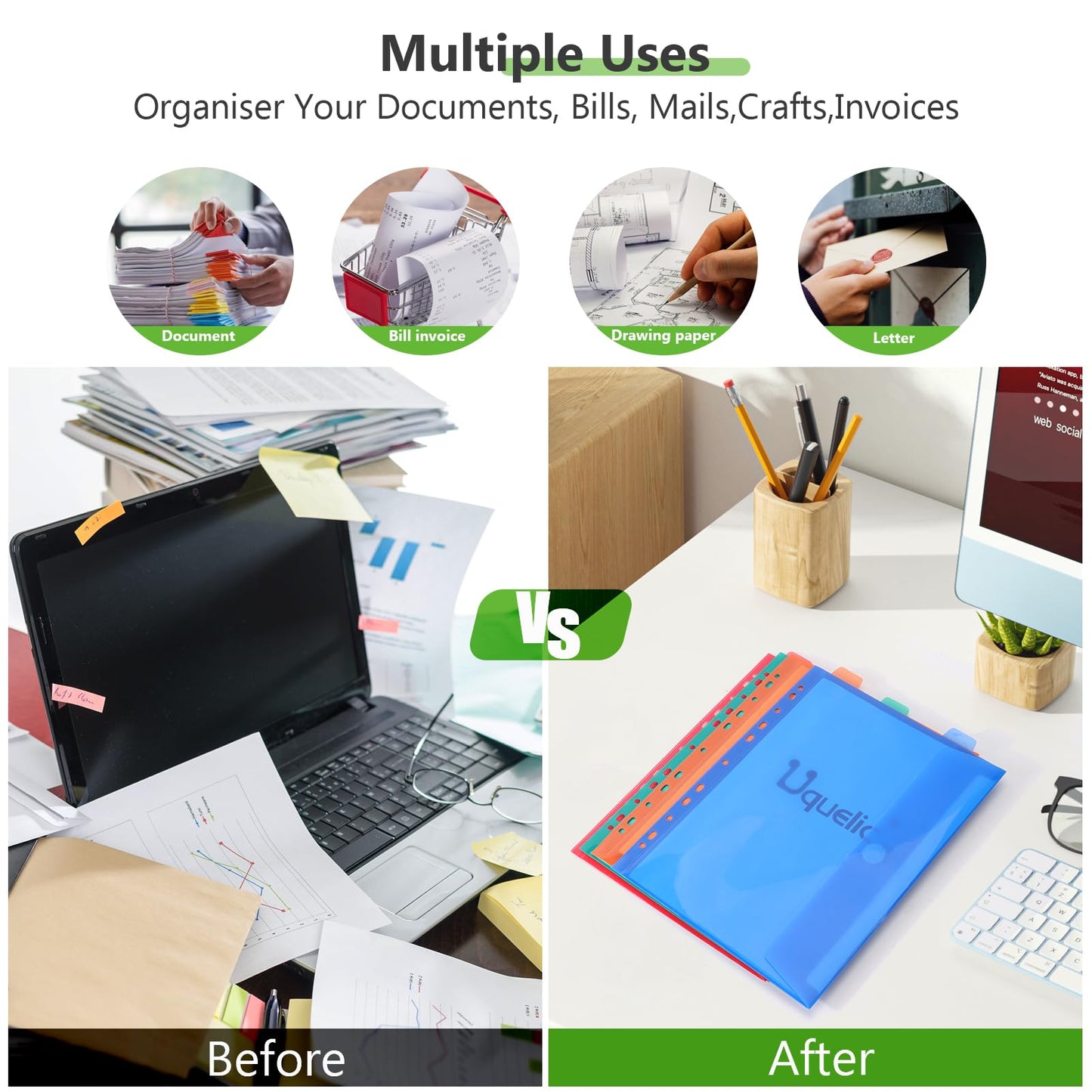 Uquelic 12 Pack A4 Plastic Wallets - Macaron Color Document Sleeves