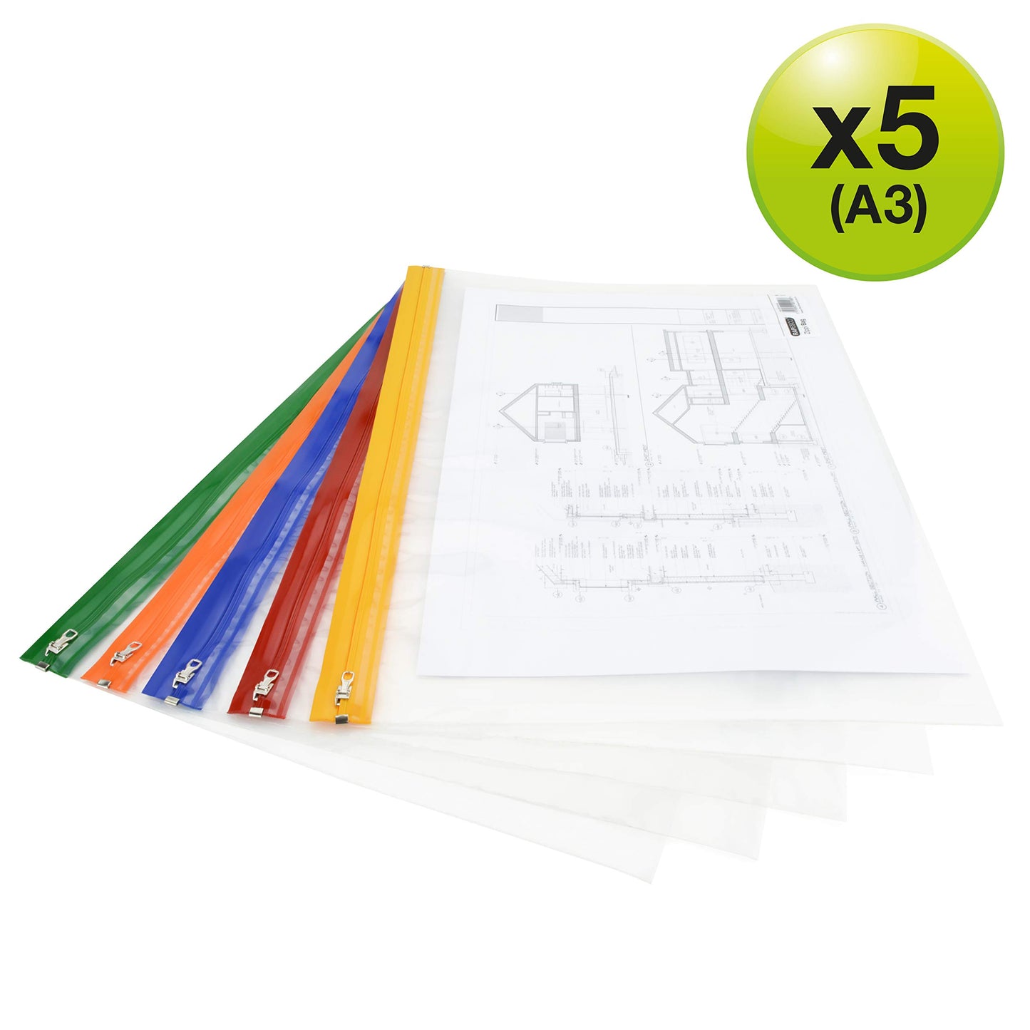 Rapesco 1503 Zippi File A4+, Transparent with Assorted Strips, Pack of 5
