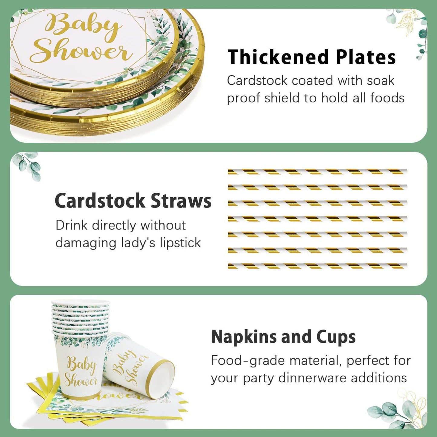 Sage Green Baby Shower Tableware Set for 25 Guests - 125 Pieces