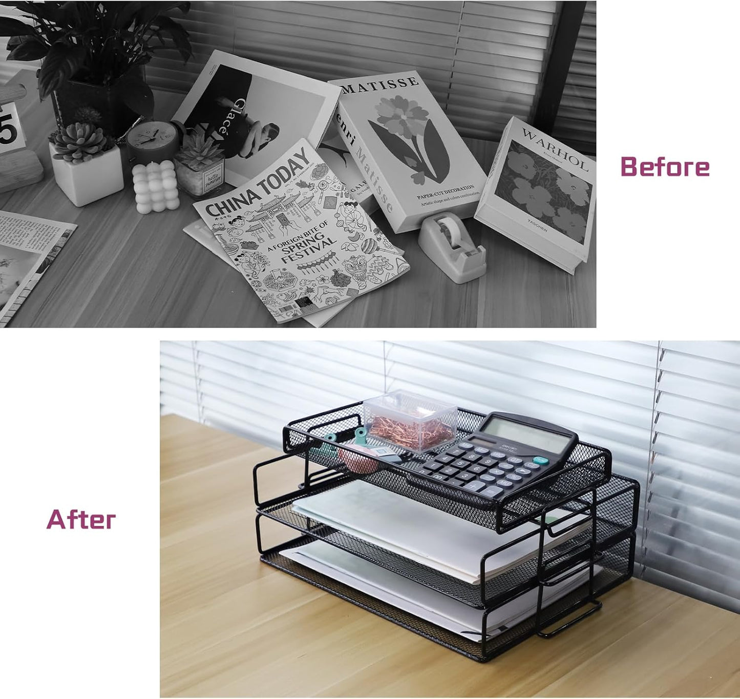 Stackable 2-Tier Metal Desk Organizer Tray with Top Holder-CentralDepot247