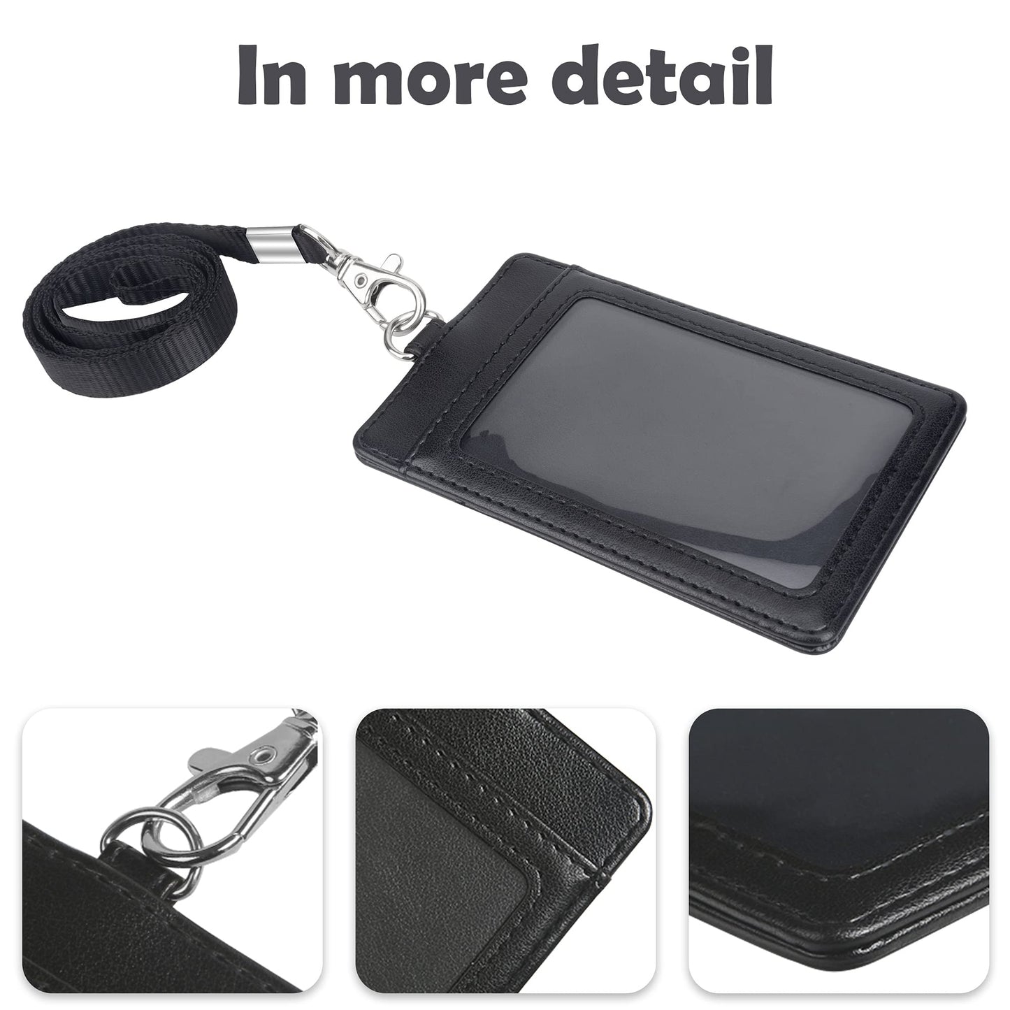 Vertical PU Leather ID Badge Holder with Lanyard - Black