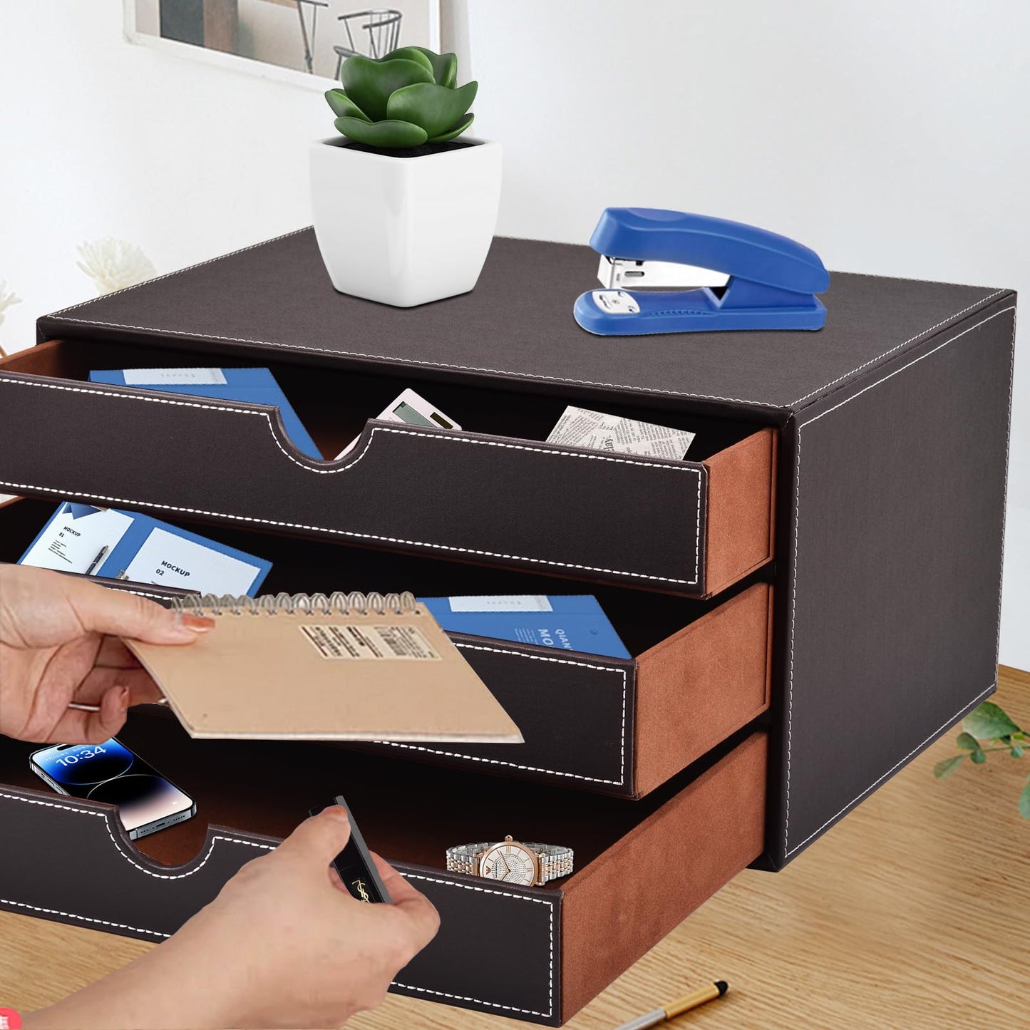PU Leather Desk Organizer with 3 Drawers for Office & Home-CentralDepot247