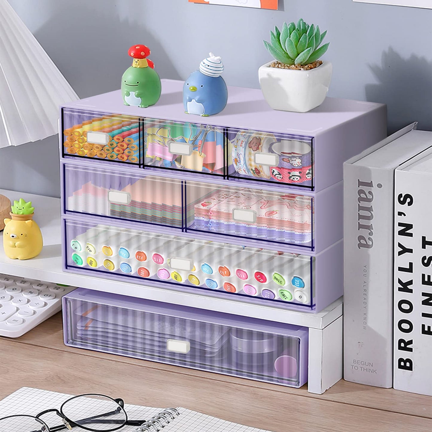 Stackable 3-Tier Desk Organizer with 6 Drawers - Purple-CentralDepot247