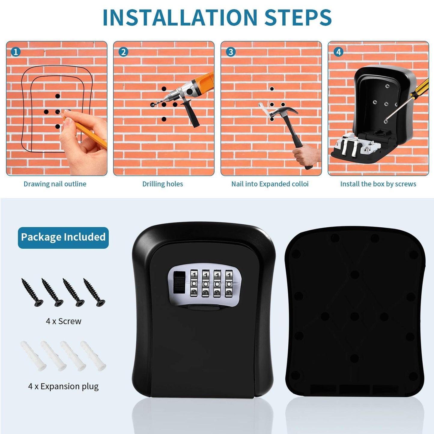 Wall Mounted Key Safe - 4 Digit Combination Lock Box for Indoor/Outdoor