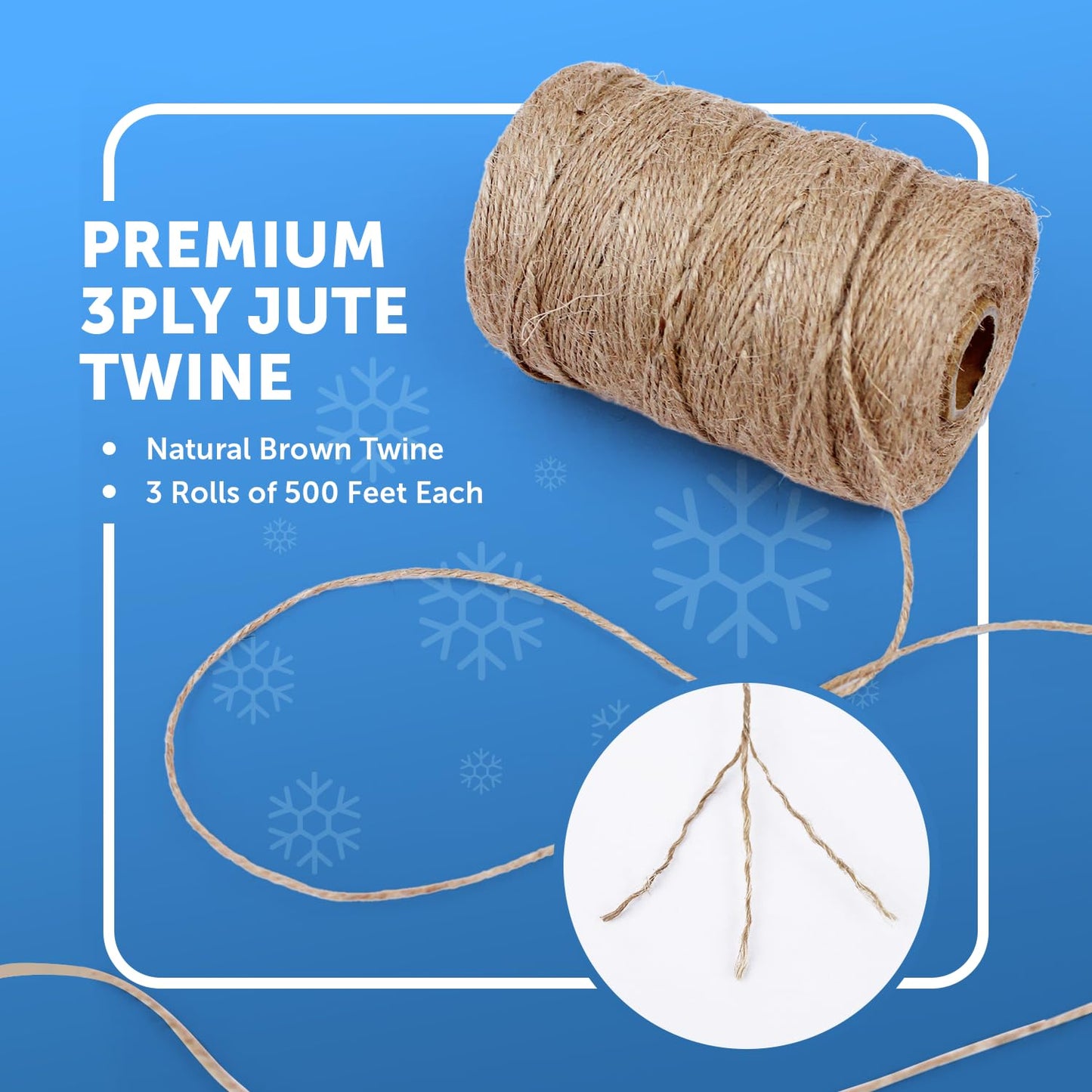 Merrimen Biodegradable Jute Christmas Wrapping Twine – 3 Rolls of Strong 3-Ply Natural Twine for Gift Wrapping, DIY Crafts, and Holiday Decorations – 500ft per Roll (Brown)-CentralDepot247
