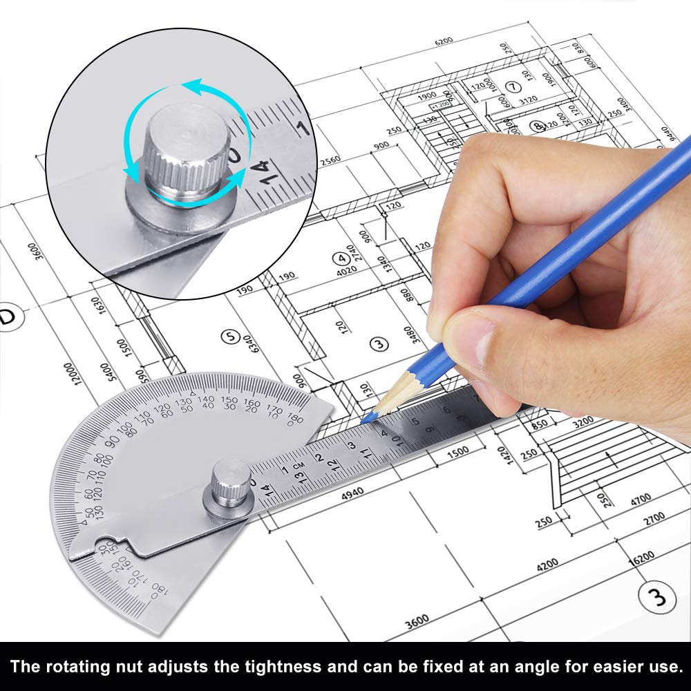 Stainless Steel 180 Degree Protractor with 140mm Measuring Ruler