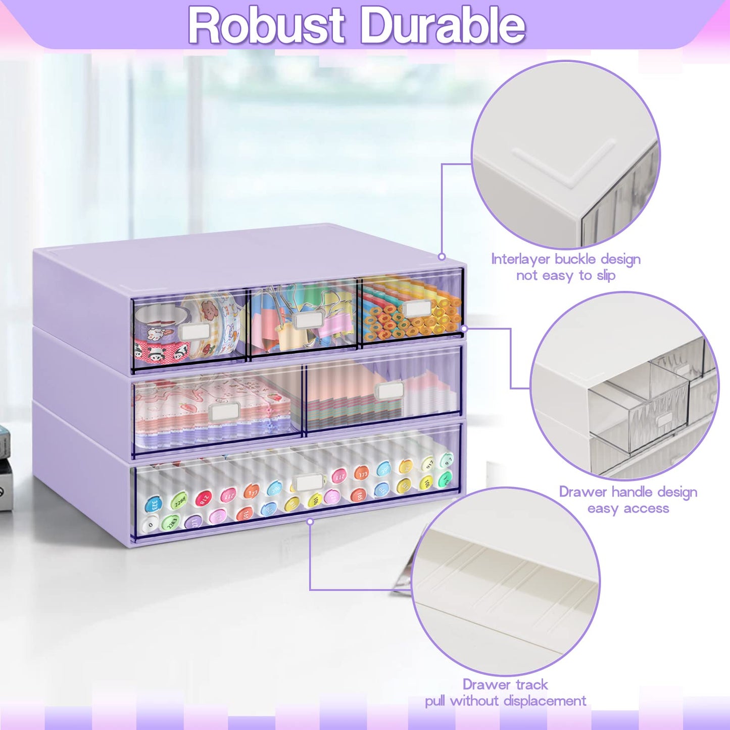 Stackable 3-Tier Desk Organizer with 6 Drawers - Purple-CentralDepot247