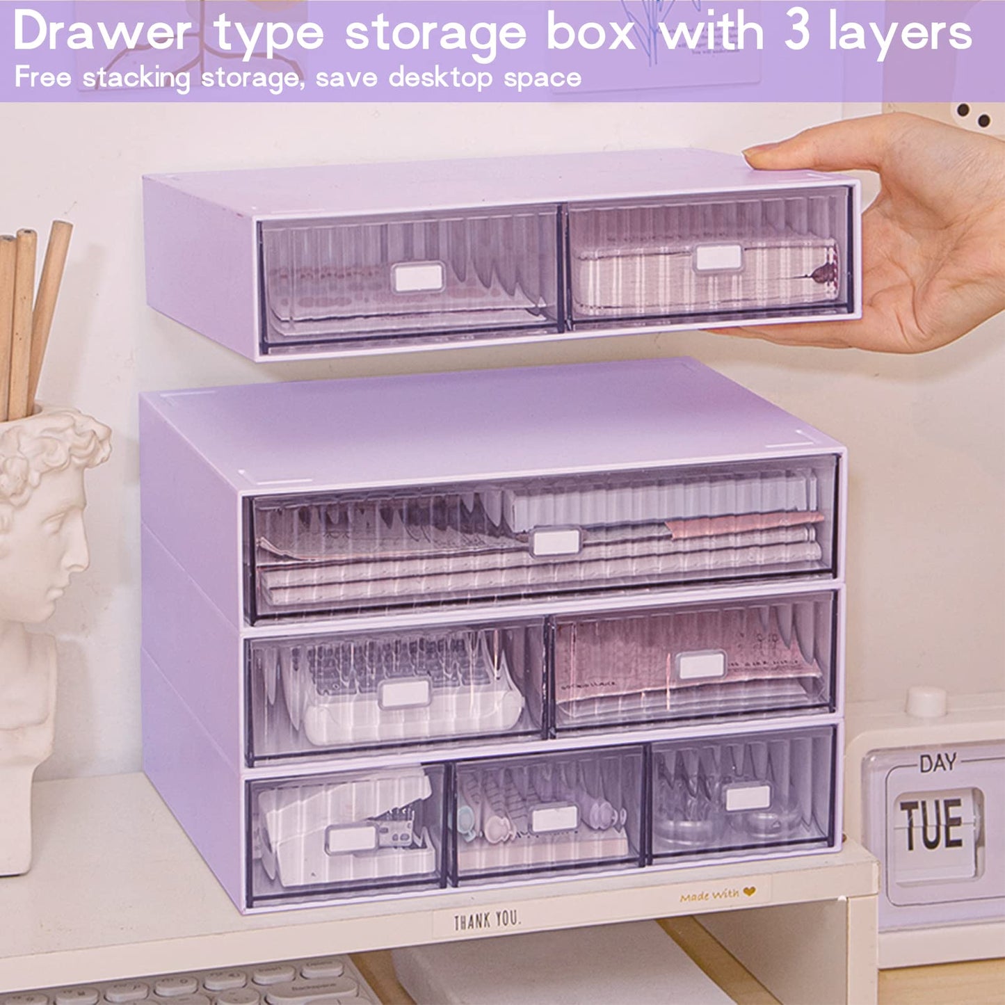 Stackable 3-Tier Desk Organizer with 6 Drawers - Purple-CentralDepot247