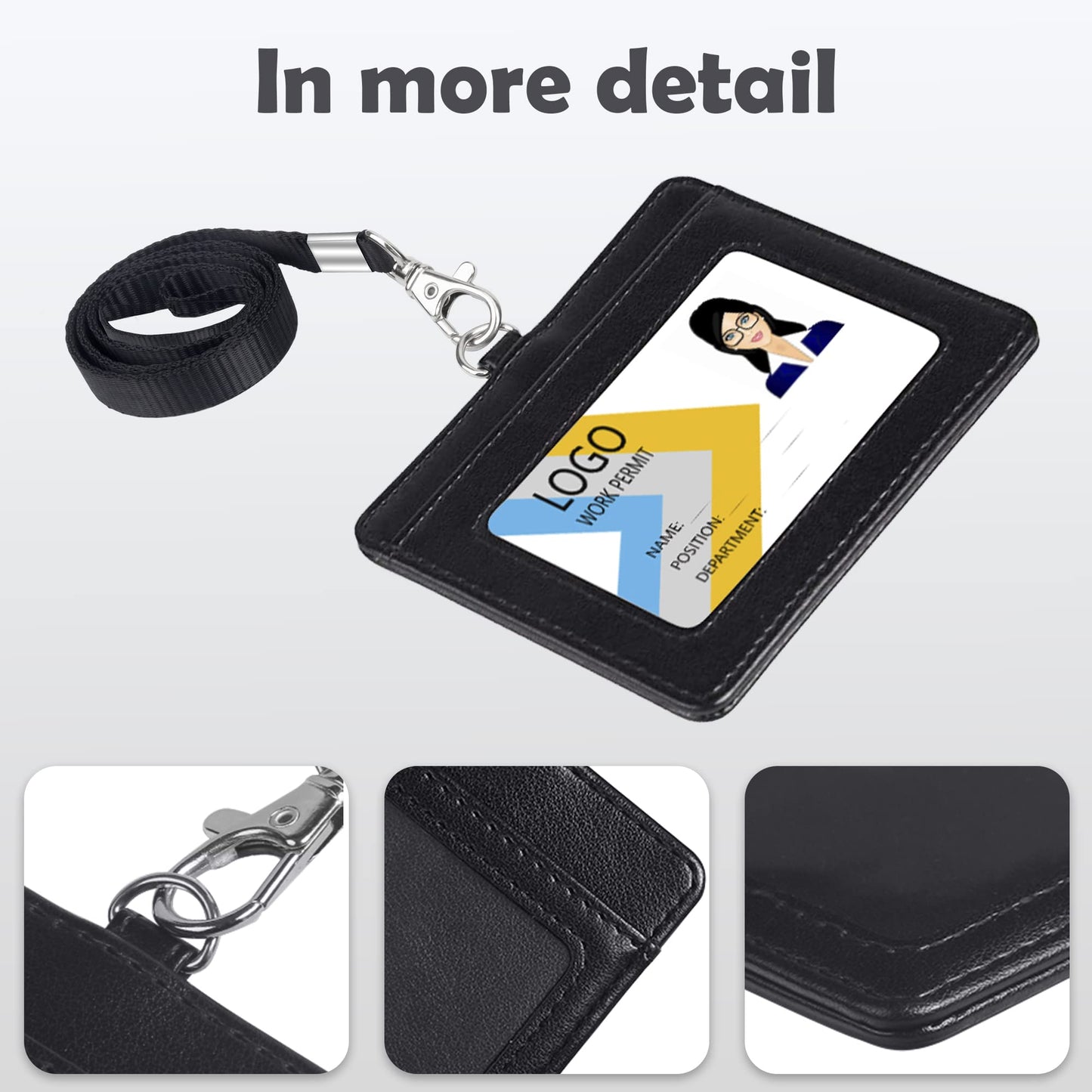 Vertical PU Leather ID Badge Holder with Lanyard - Black
