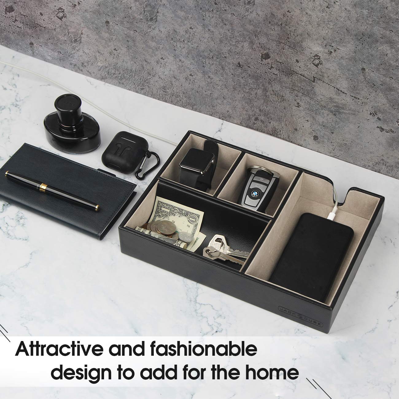 Valet Tray Multi Leather Organizer for Desk or Dresser - Black-CentralDepot247