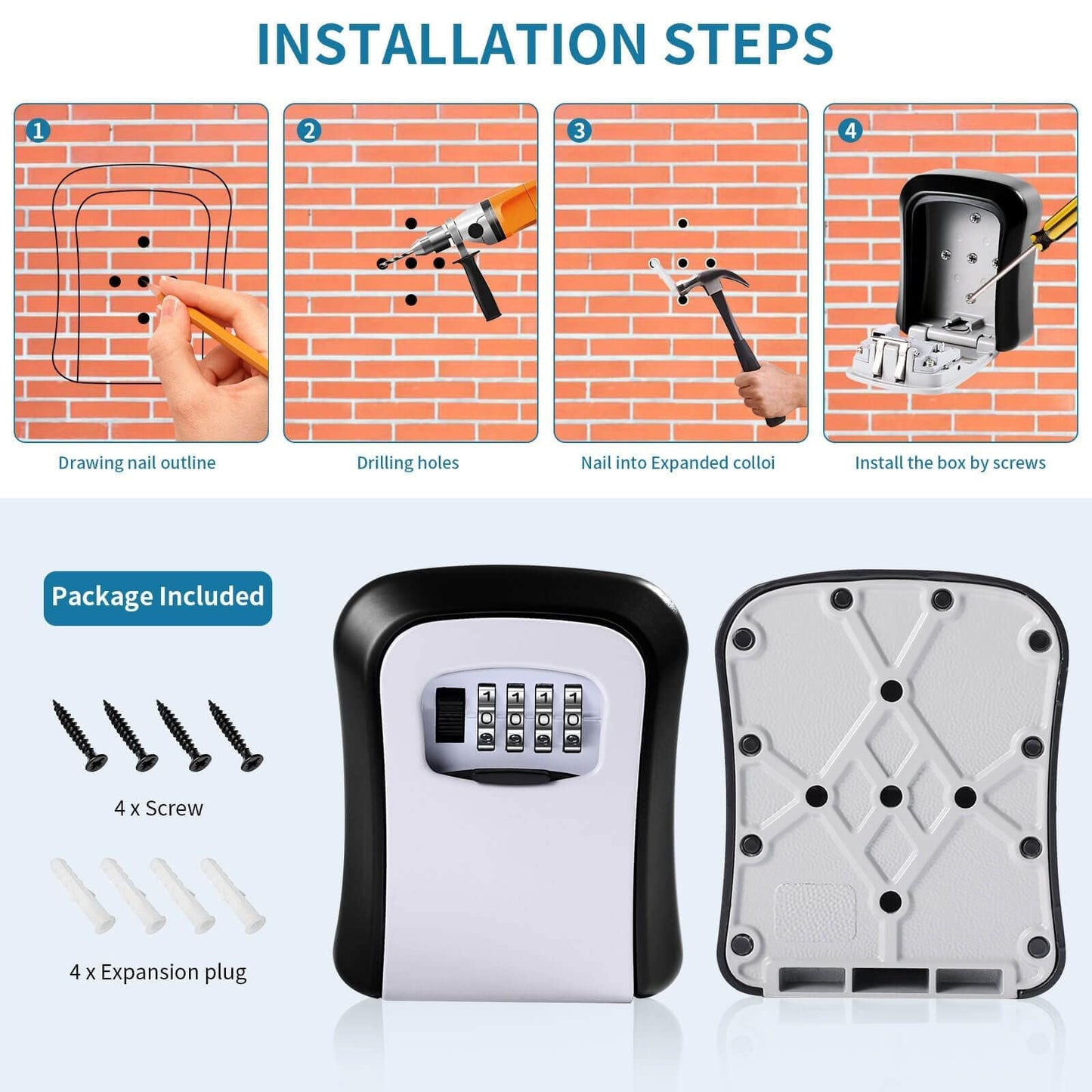 Wall Mounted Key Safe - 4 Digit Combination Lock Box for Indoor/Outdoor