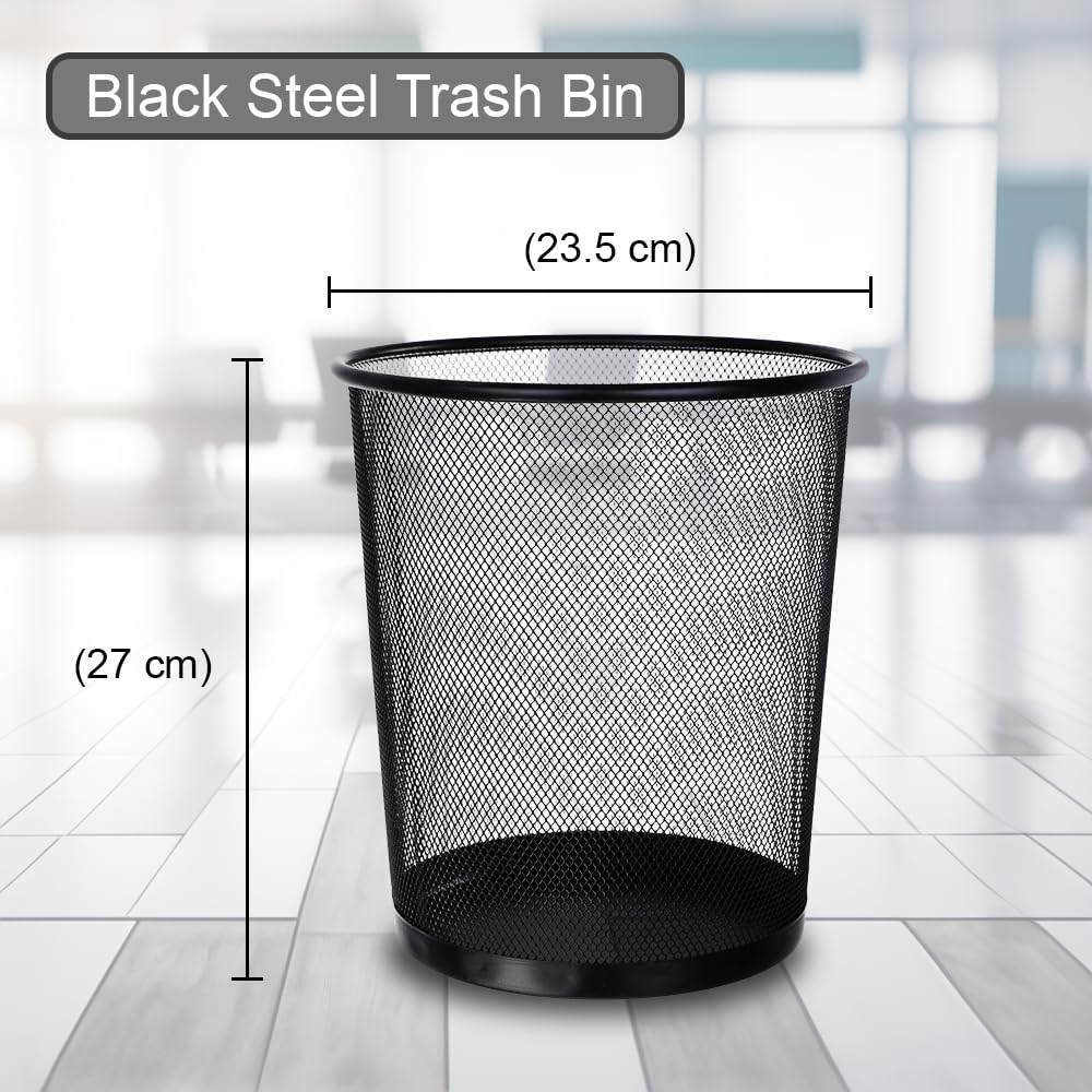 Small 9L Round Mesh Black Steel Waste Paper Bin for Home & Office-CentralDepot247