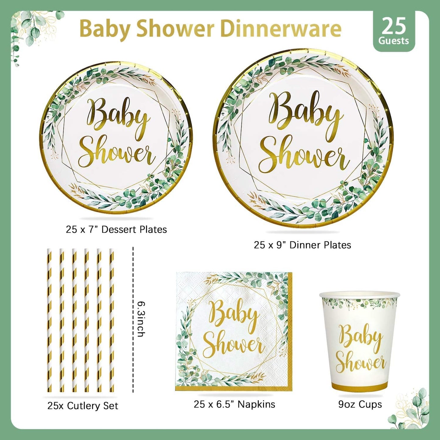 Sage Green Baby Shower Tableware Set for 25 Guests - 125 Pieces