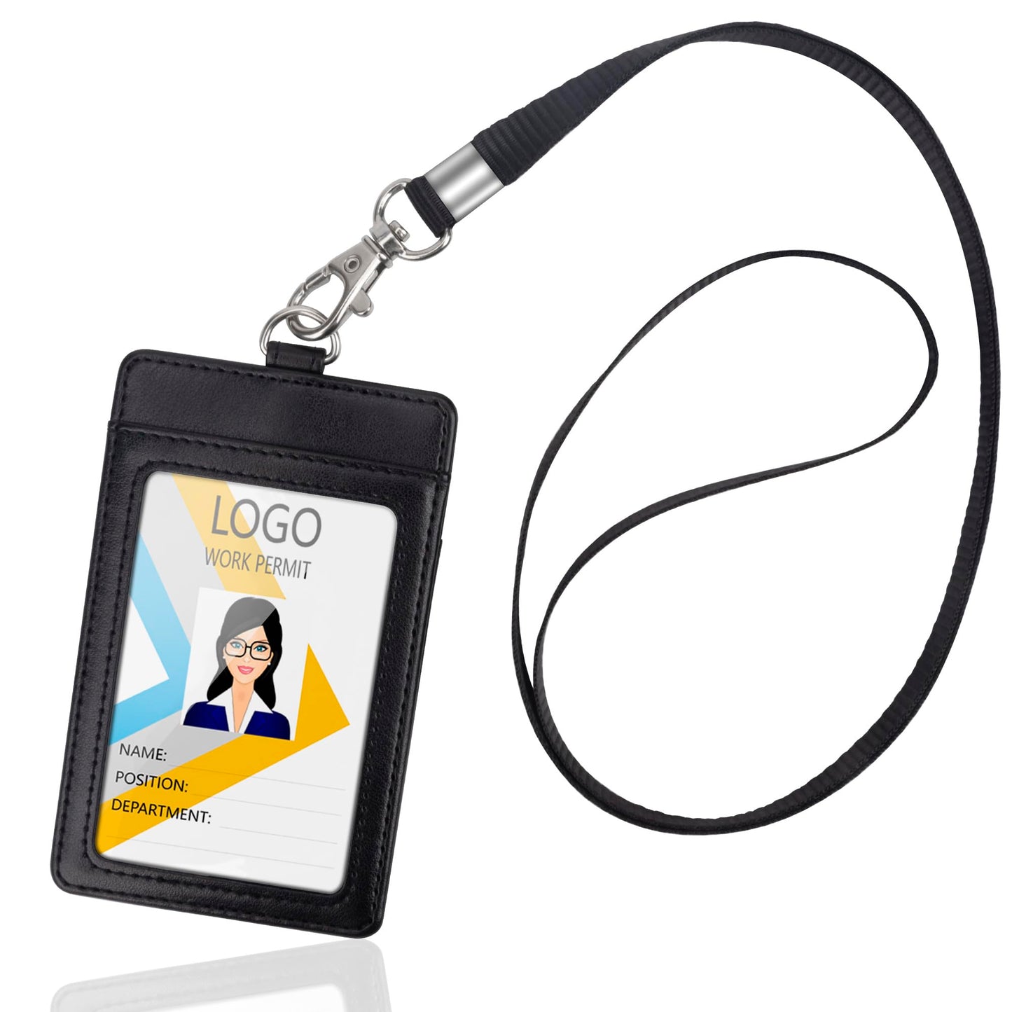 Vertical PU Leather ID Badge Holder with Lanyard - Black