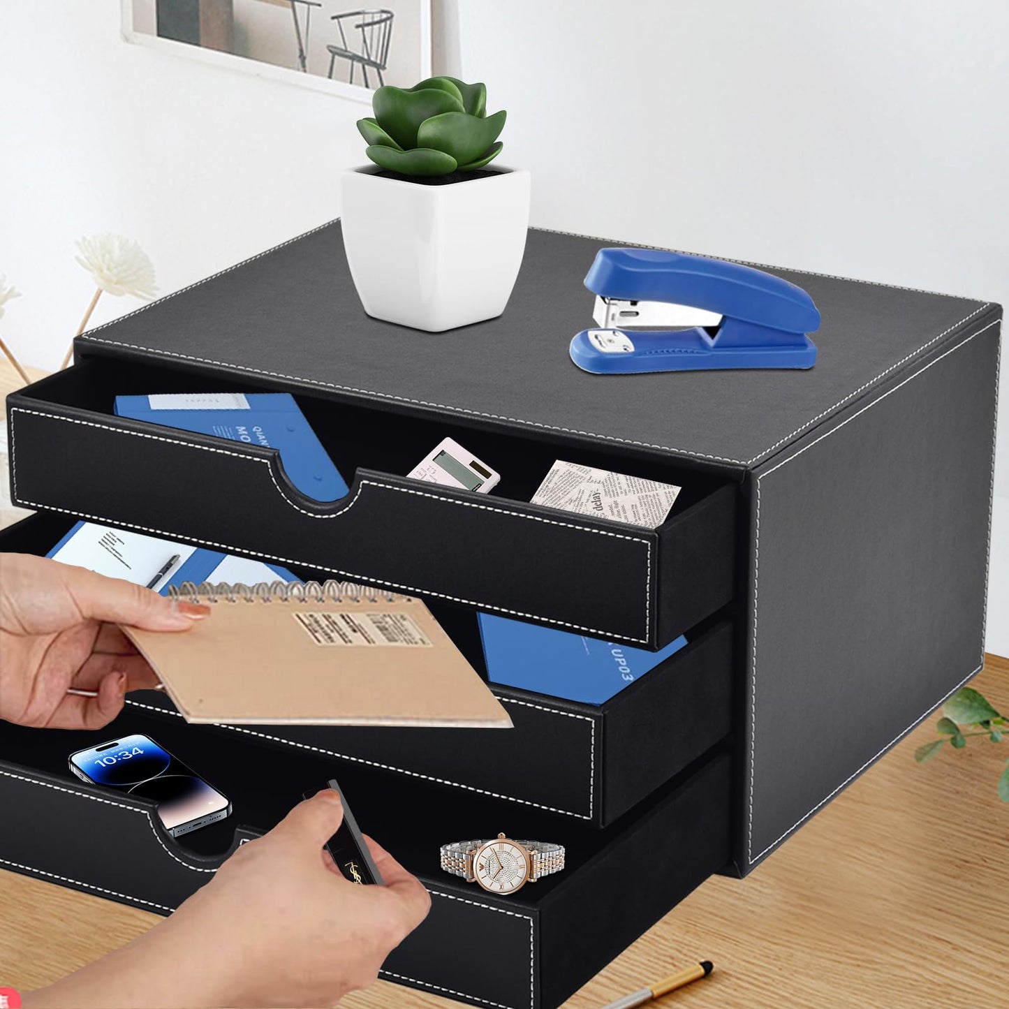 PU Leather Desk Organizer with 3 Drawers for Office & Home-CentralDepot247