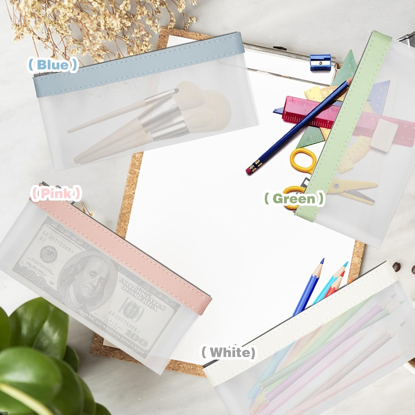 4Pcs Zipper Money Bags - Clear Cash Organizer in 4 Colors