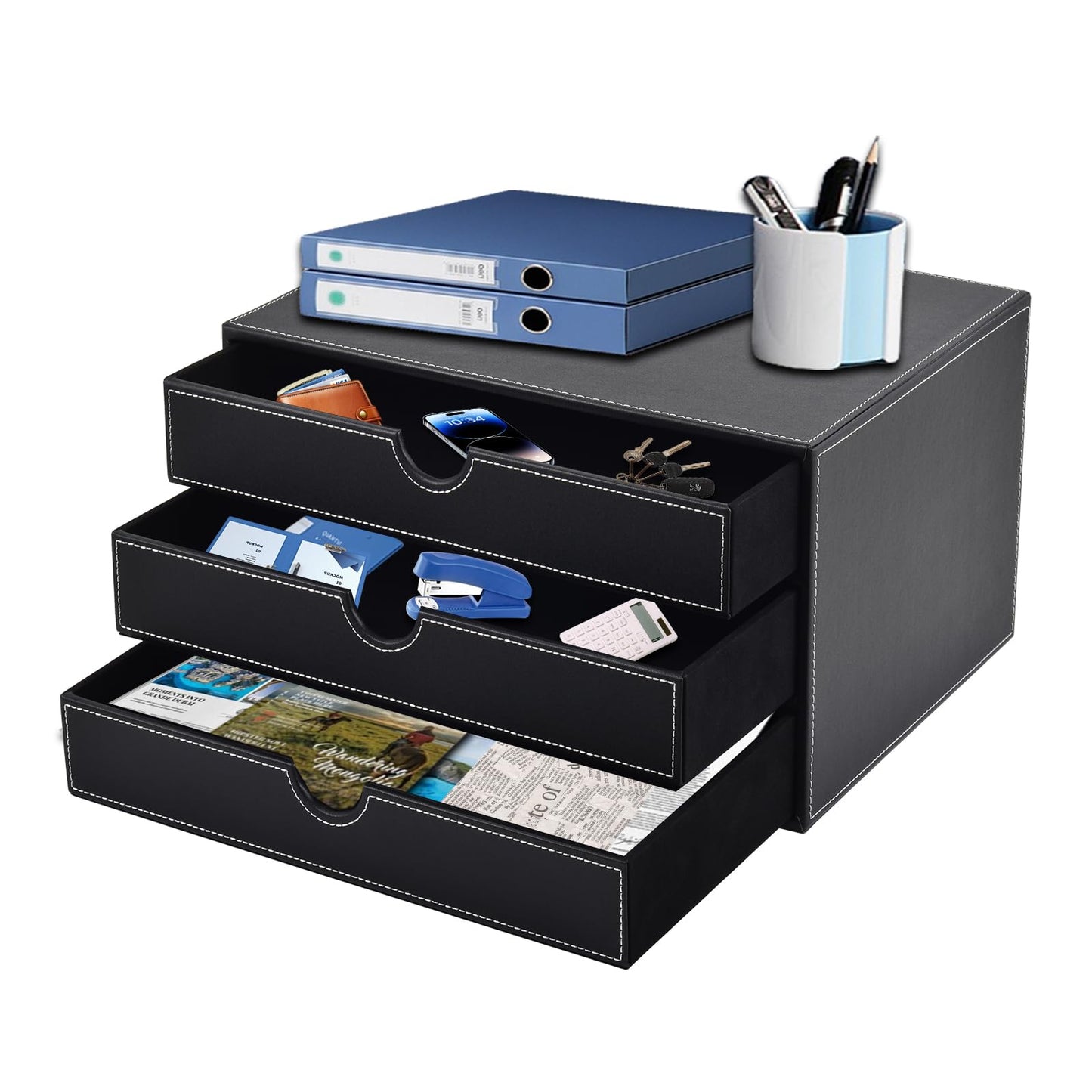 PU Leather Desk Organizer with 3 Drawers for Office & Home-CentralDepot247