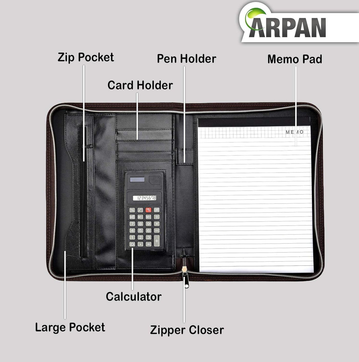 Soft Touch Conference Folder Portfolio A4 with Calculator - Brown-CentralDepot247
