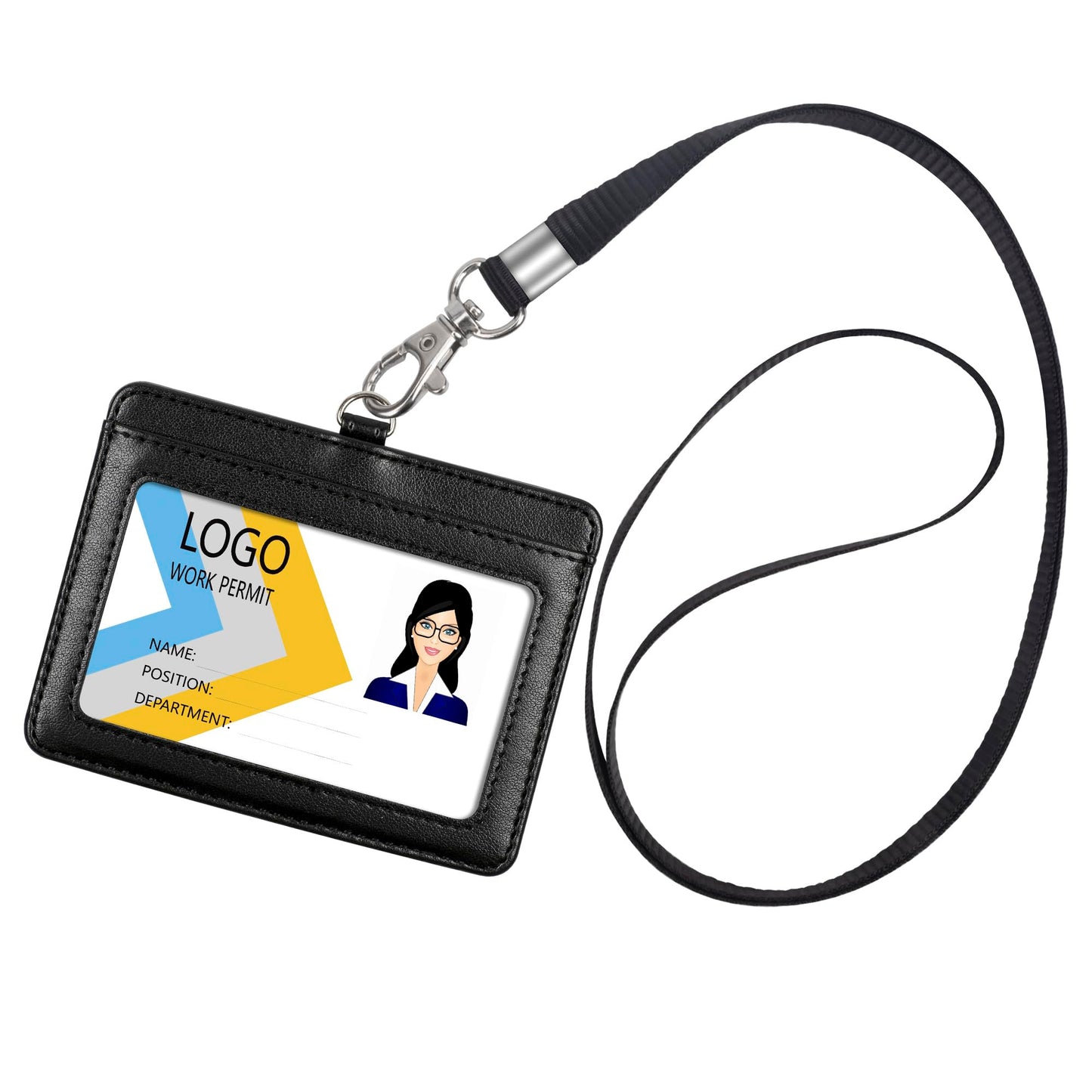 Vertical PU Leather ID Badge Holder with Lanyard - Black