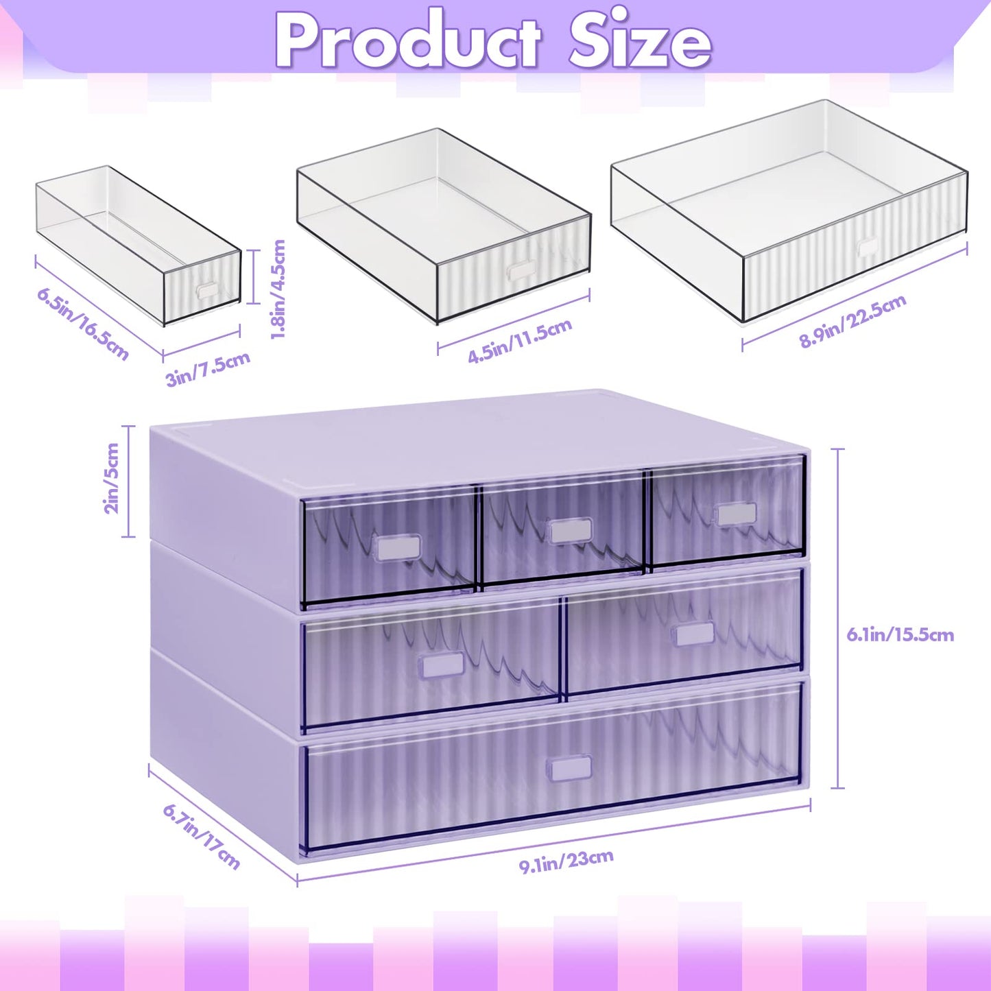 Stackable 3-Tier Desk Organizer with 6 Drawers - Purple-CentralDepot247